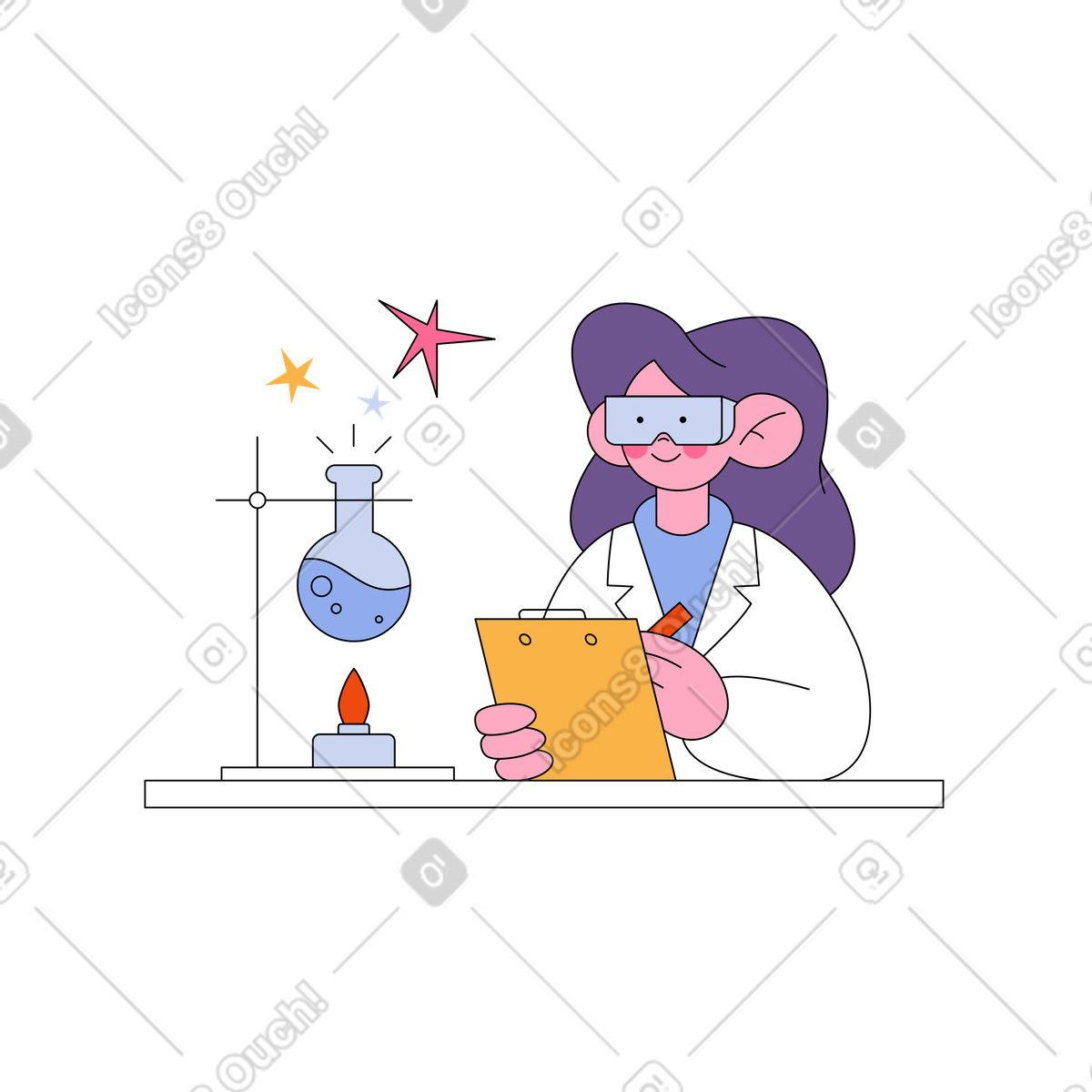 Scientist taking notes during lab experiment, Chemistry research or science education illustration in Bloom style download in PNG, SVG