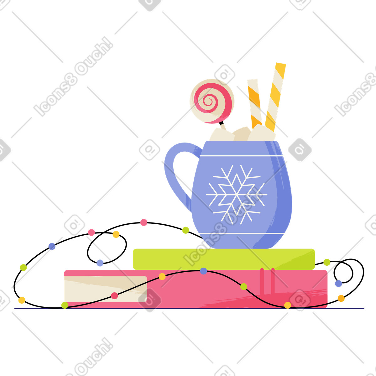 Hot chocolate on stacked books, Winter leisure time illustration in Juicy style download in PNG, SVG