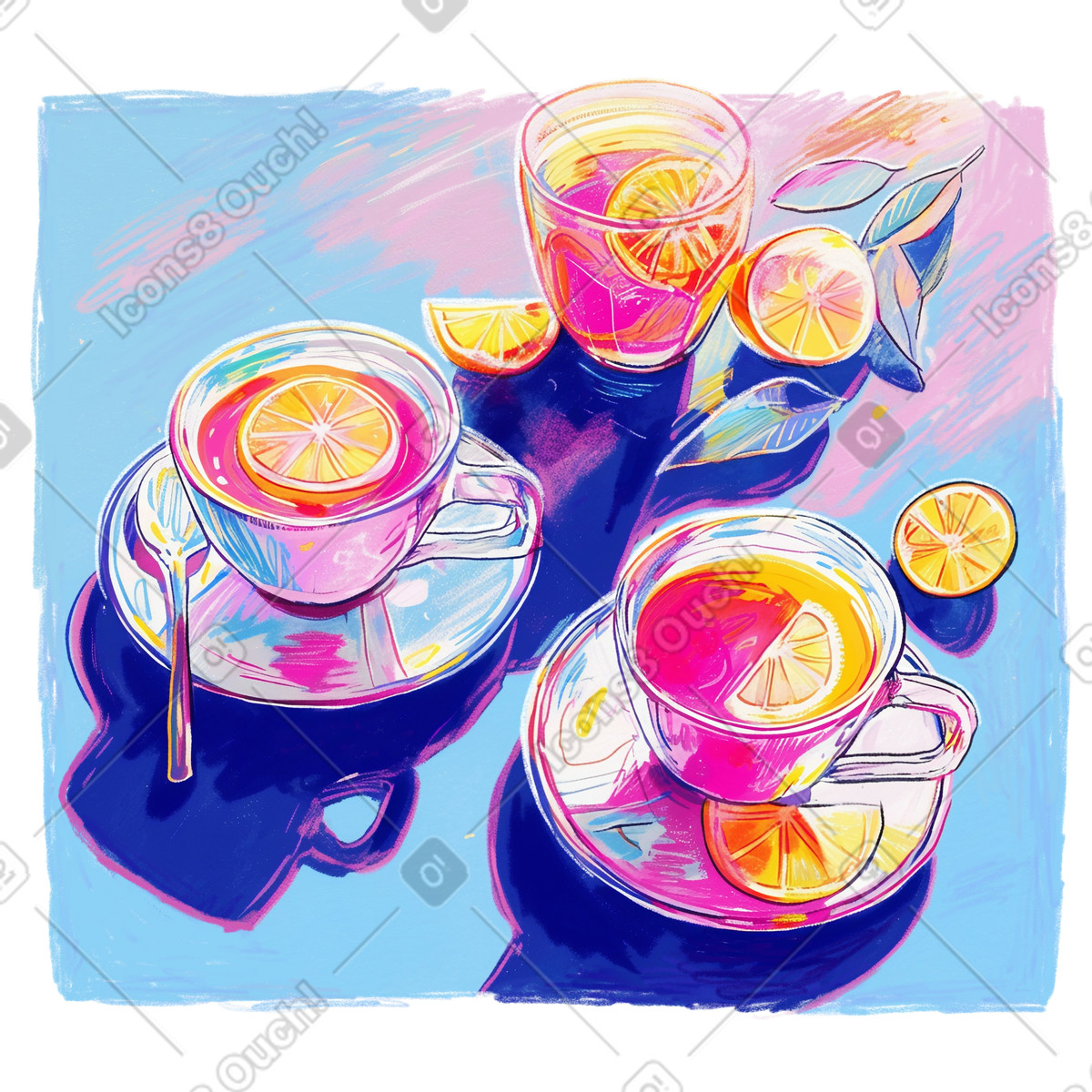 Pencil drawing of tea cups with lemon illustration in Fuchsia style download in PNG, SVG