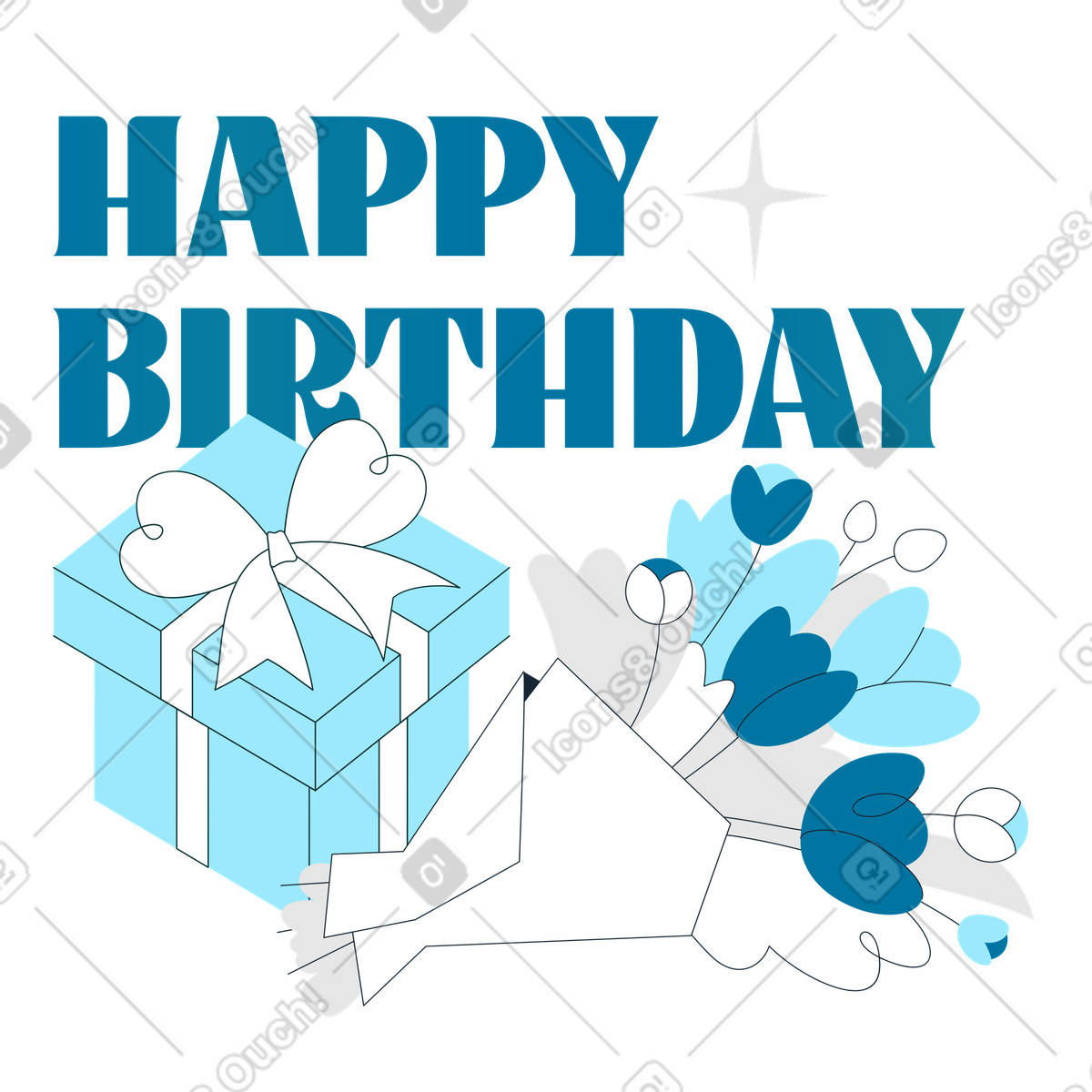 Ilustración Texto de feliz cumpleaños con un regalo y ramo flores. en estilo Indigo a descargar en PNG SVG