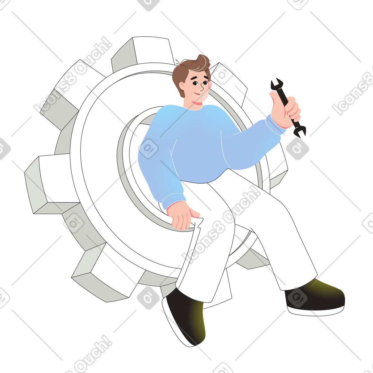 Technical support specialist sitting on gear illustration in PNG, SVG