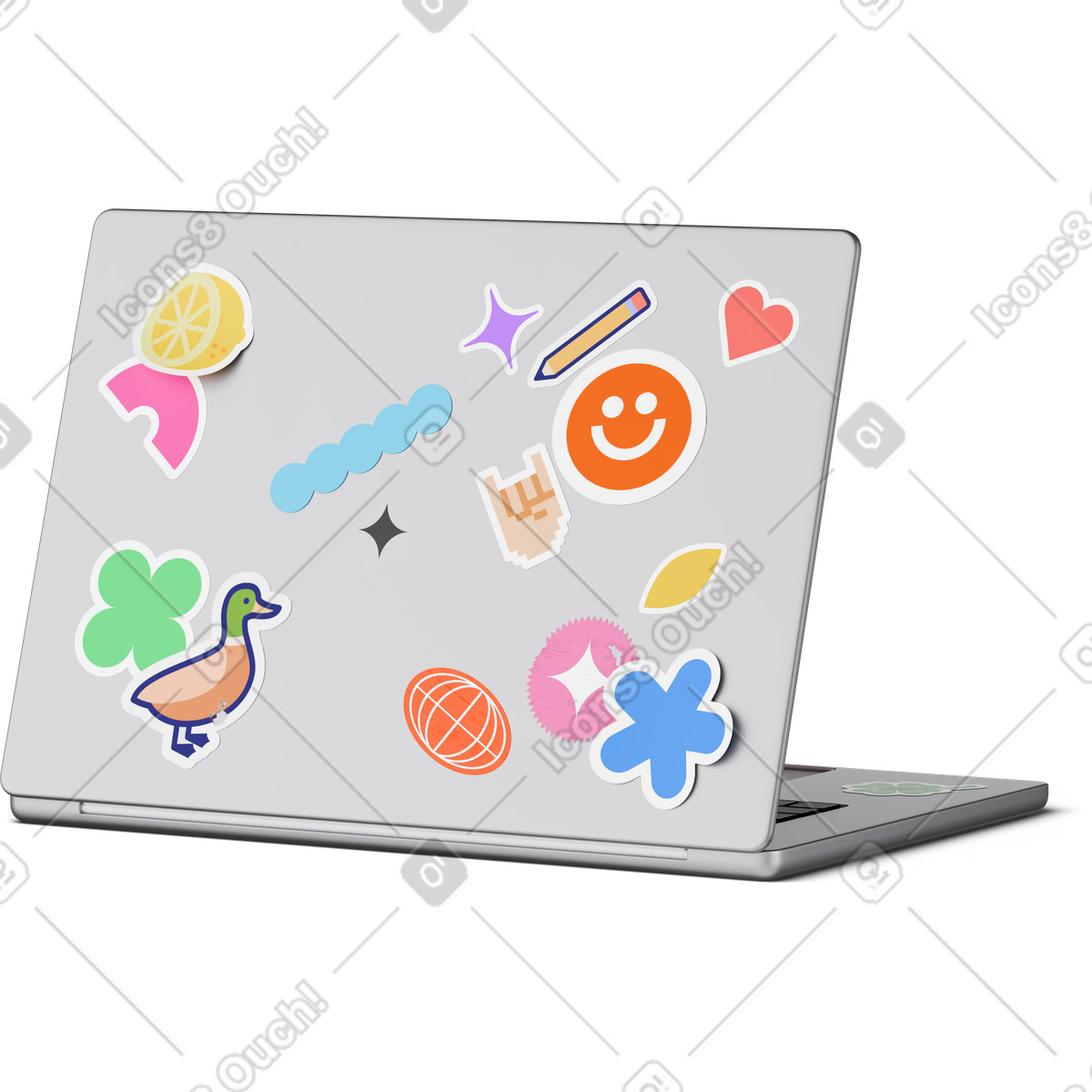 Иллюстрация Back view of laptop with stickers в стиле 3D Hygge — скачать в форматах PNG, SVG