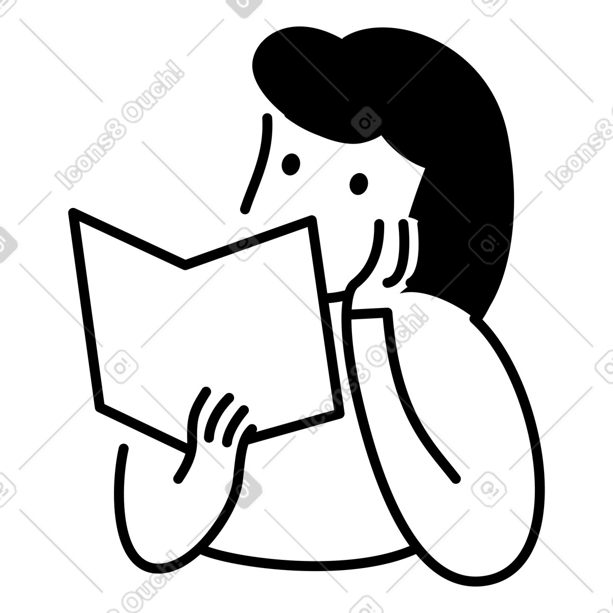 Notion Line Art スタイルの Reading person absorbed in story holding book with curiosity のイラストをPNG、SVG形式でダウンロード
