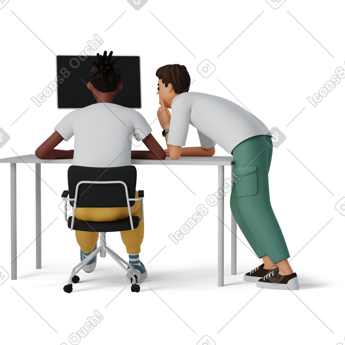 下载 3D Casual life 风格的 Young people discussing team project at the table 插画，支持 PNG、SVG 格式