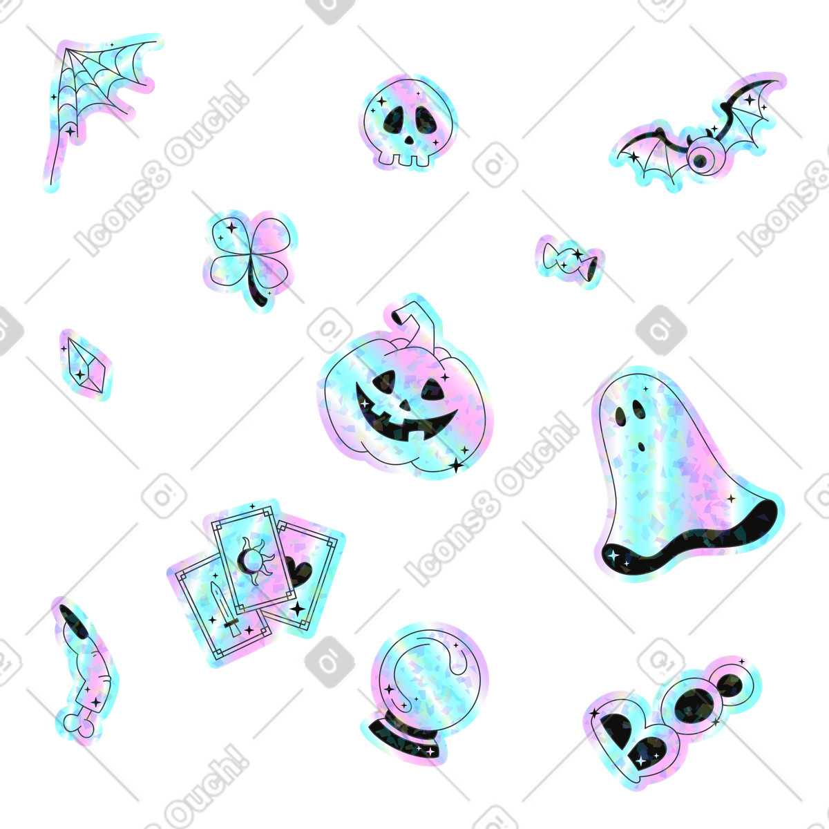 Halloween sticker pack with pumpkin, ghost and skull illustration in Holostickers style download in PNG, SVG