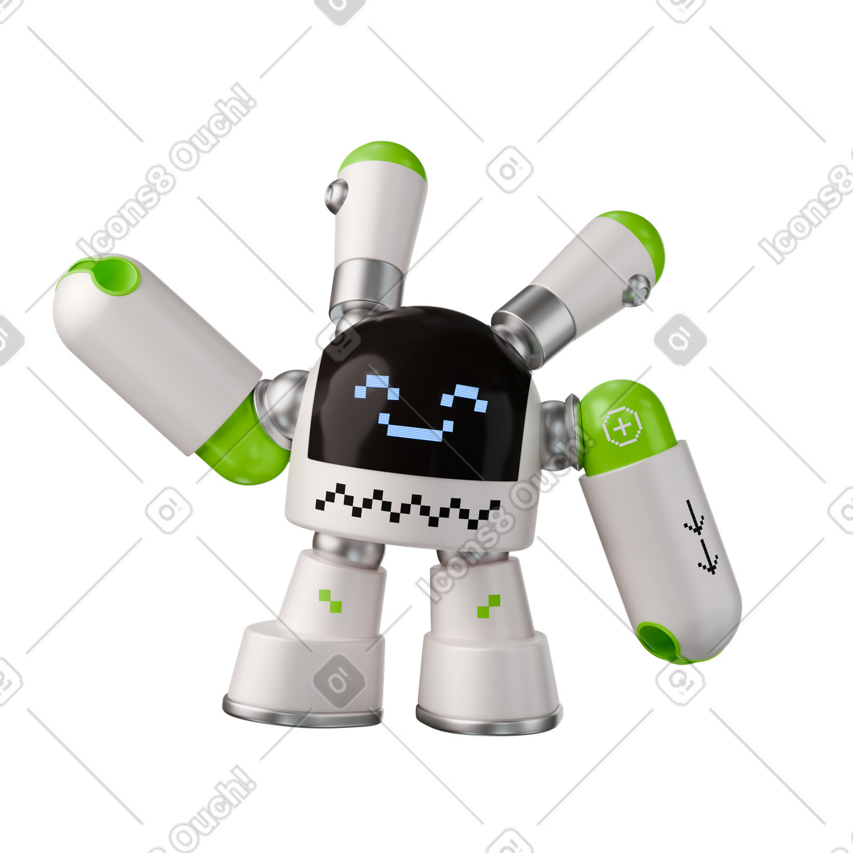 Happy robot raising right arm illustration in 3D Stickle style download in PNG, SVG
