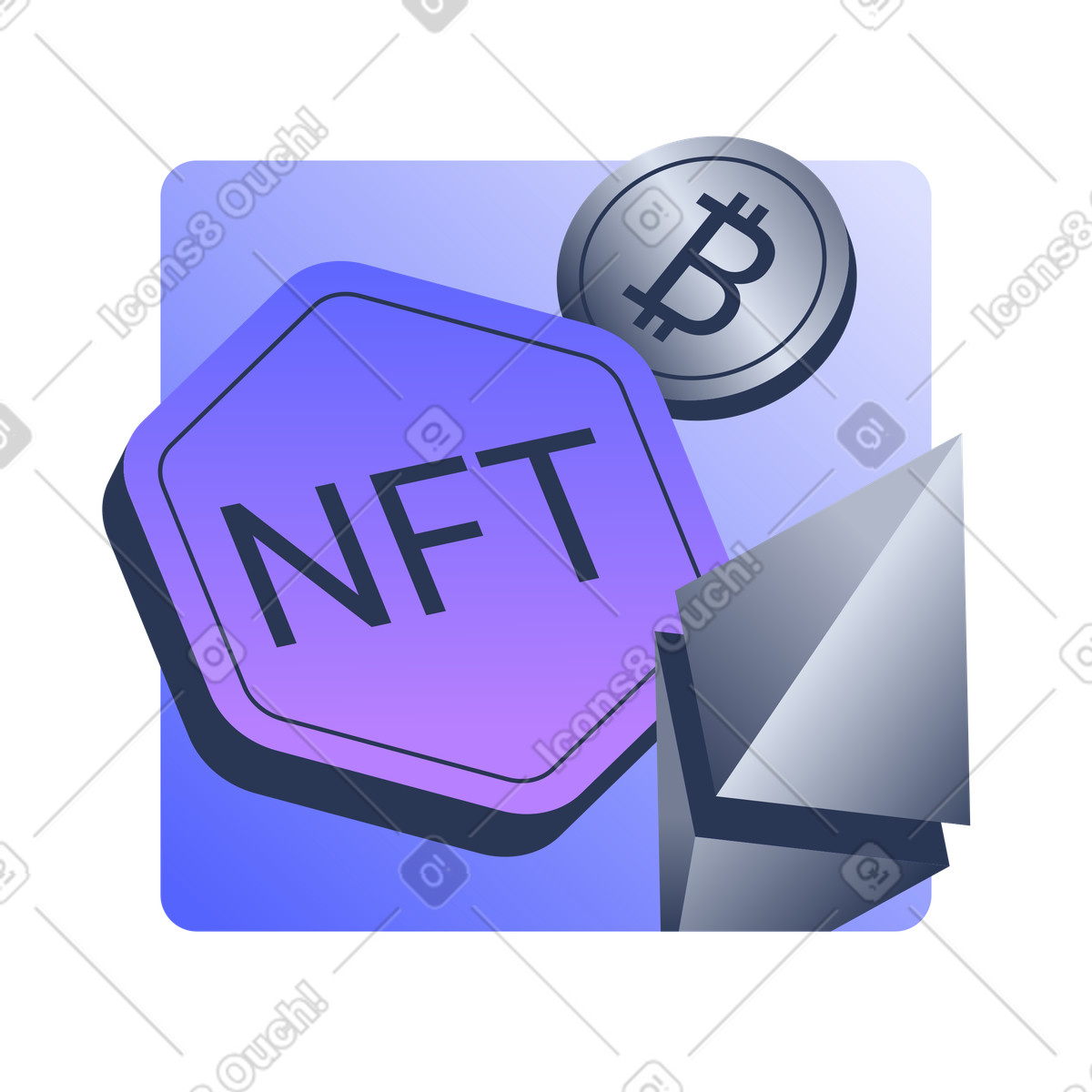 Digital assets: NFT, bitcoin, ethereum illustration in PNG, SVG
