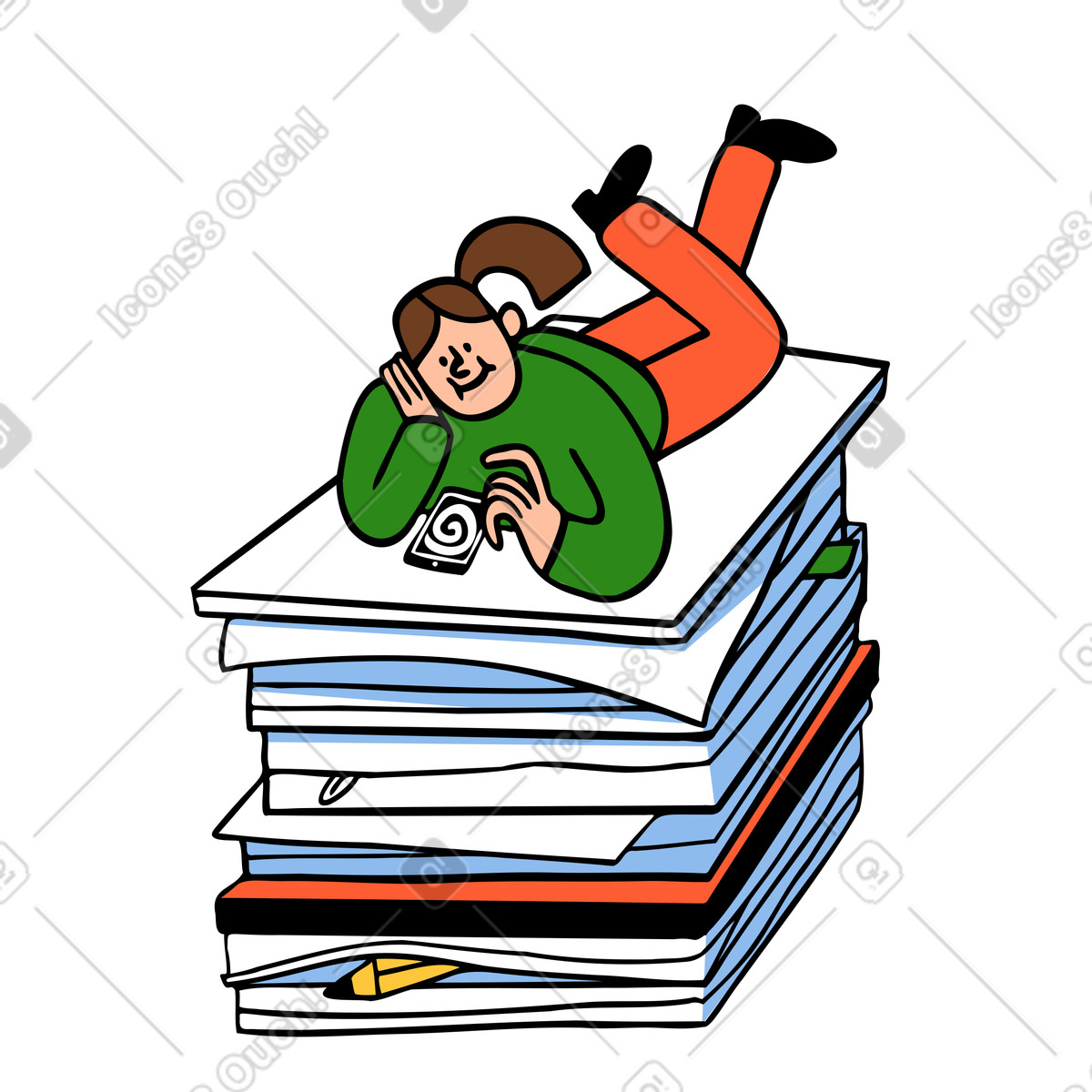 Woman procrastinating and scrolling on a phone illustration in Comic style download in PNG, SVG