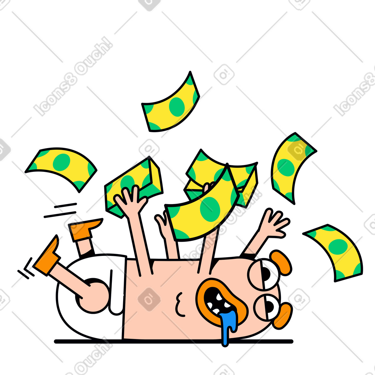 Ilustración Character laying on the floor with a lot of money en estilo Droll descargar en PNG y SVG