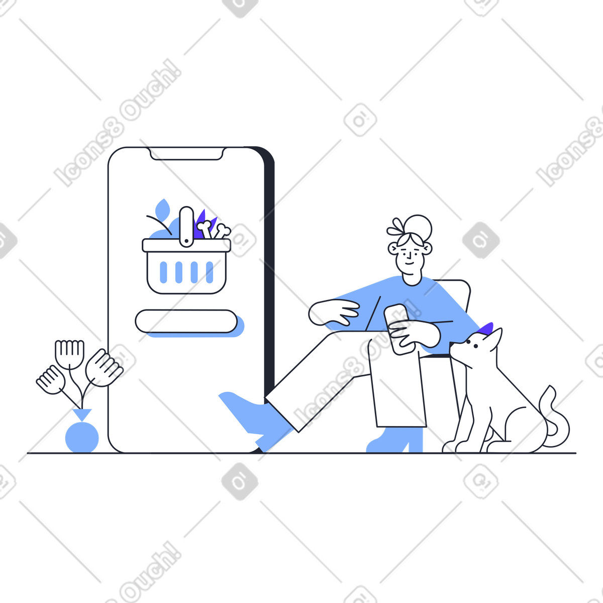 Pablita スタイルの モバイルショッピングをする女性と犬 のイラストをPNG、SVG形式でダウンロード