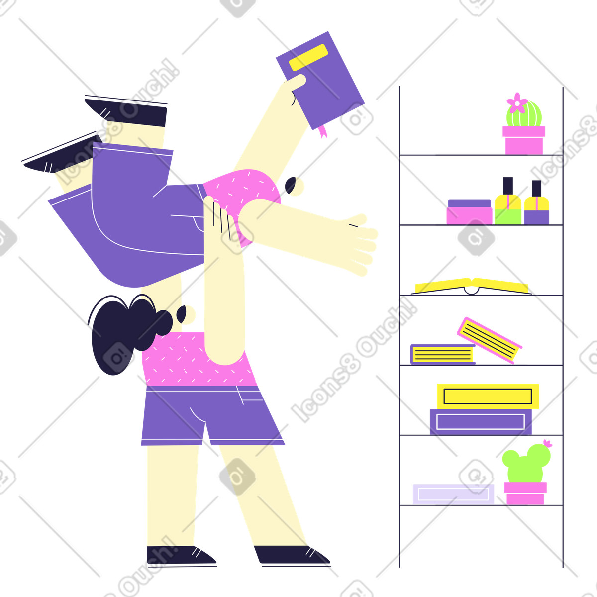 Woman helping her friend put a book on the top shelf illustration in Mellow style download in PNG, SVG
