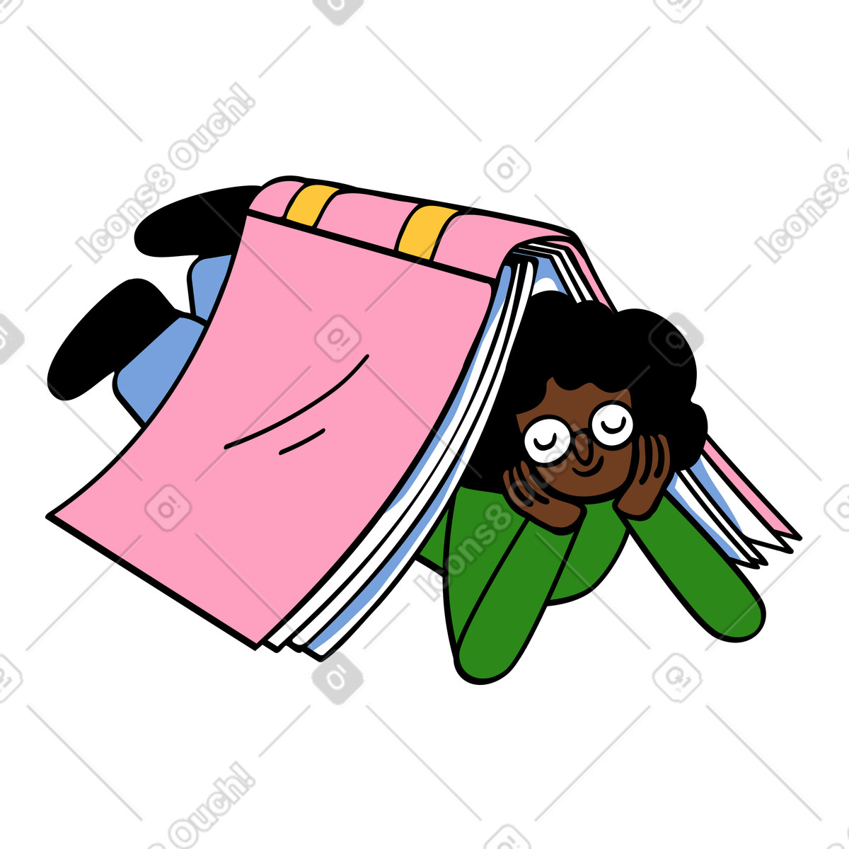 Young woman enjoying the book illustration in Comic style download in PNG, SVG