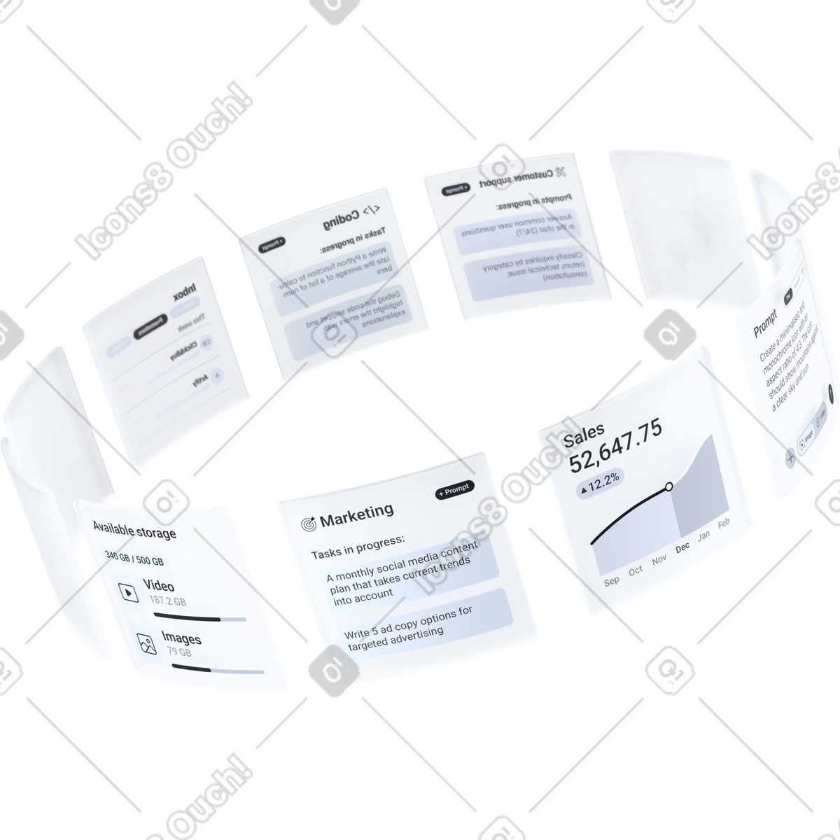 Ilustración Business data dashboard with sales analytics and tasks in progress en estilo 3D Pro a descargar en PNG y SVG