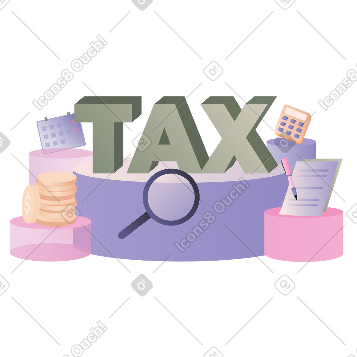 Coworking スタイルの Large tax sign with calculator and paperwork, filing accounting のイラストをPNG、SVG形式でダウンロード
