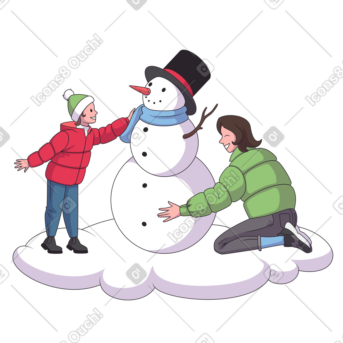 下载 Eastwood 风格的 母亲和孩子堆雪人 插画，支持 PNG、SVG 格式
