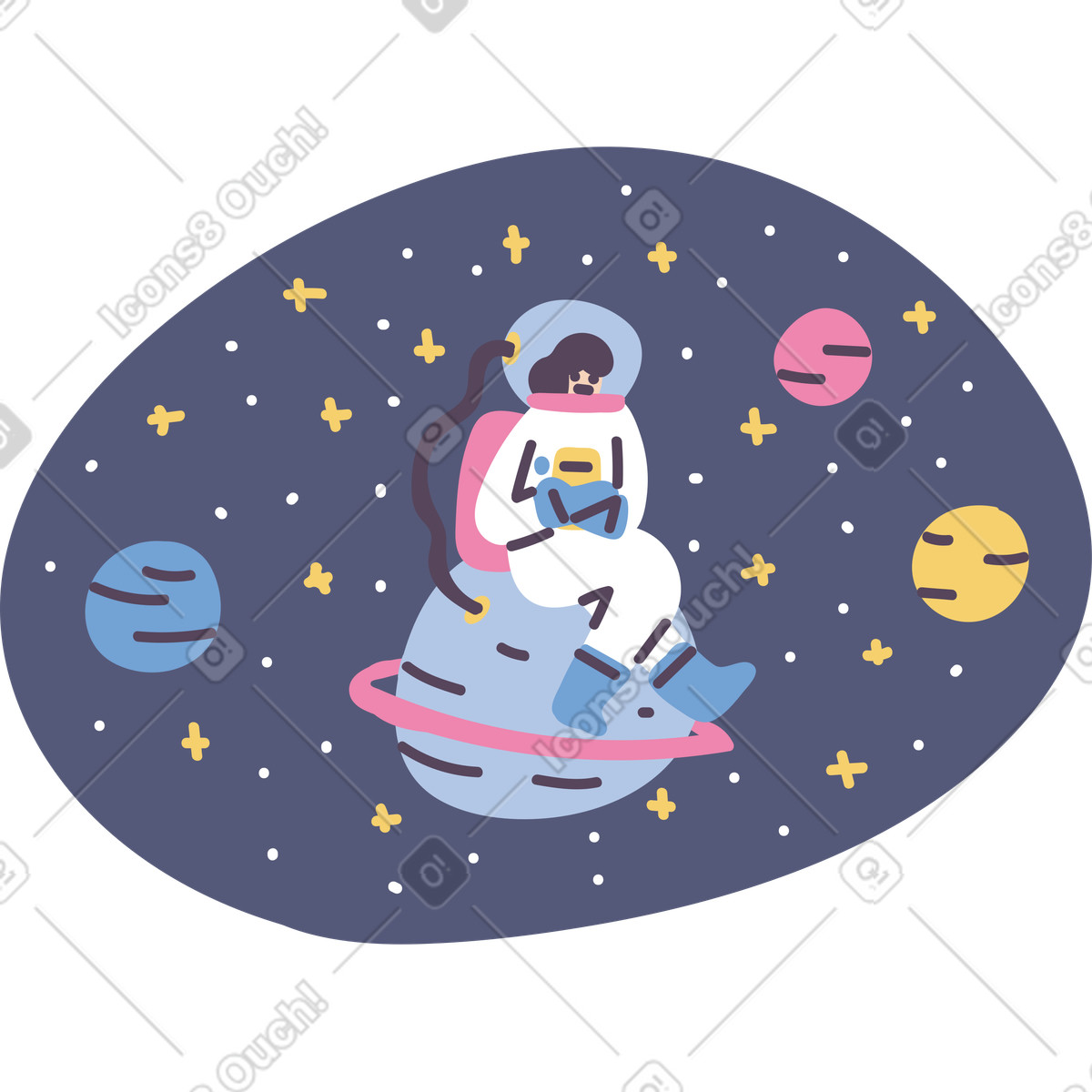 Astronaut sitting on a planet in space illustration in Pluto style download in PNG, SVG
