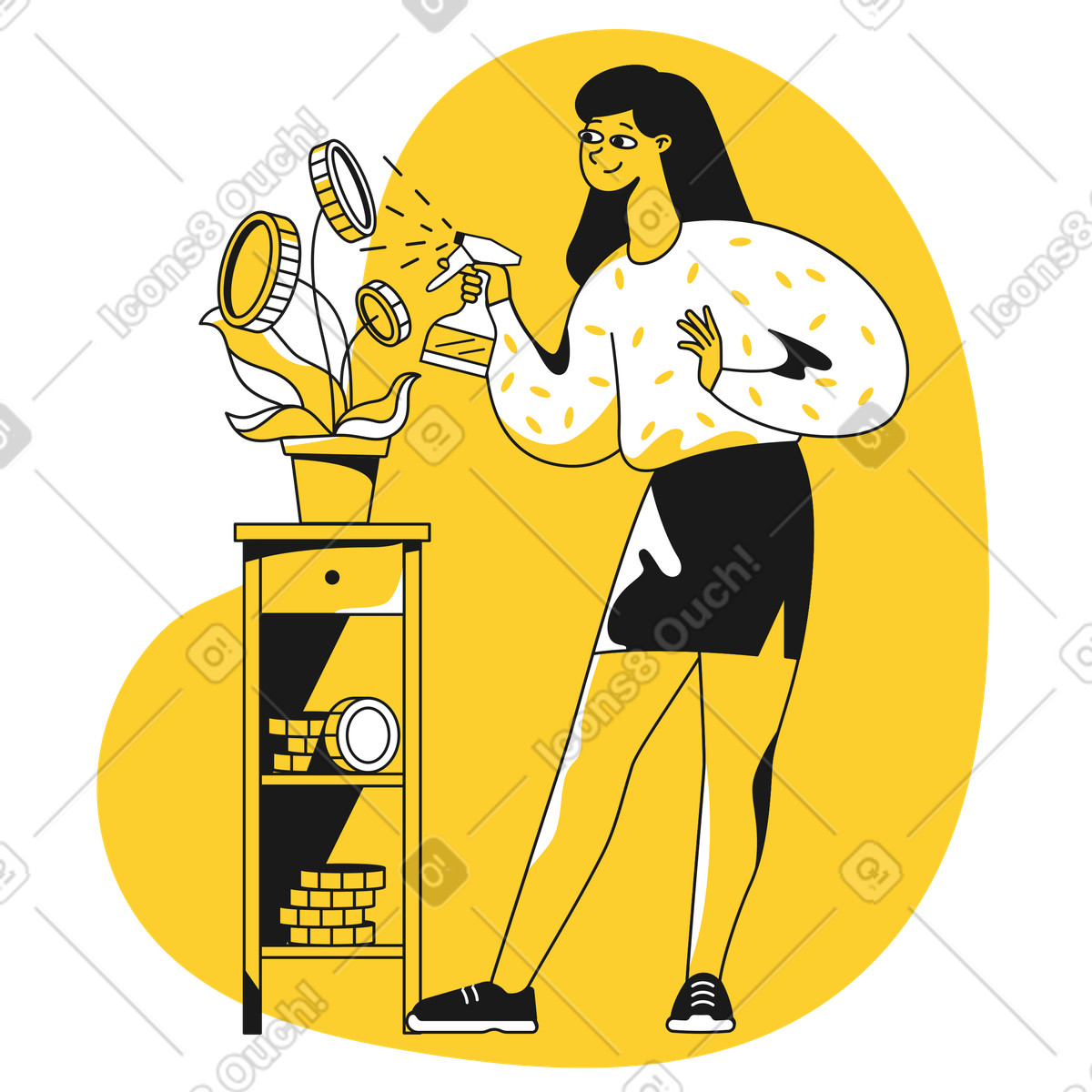 Taxi スタイルの お金で植物の世話をする女の子 のイラストをPNG、SVG形式でダウンロード