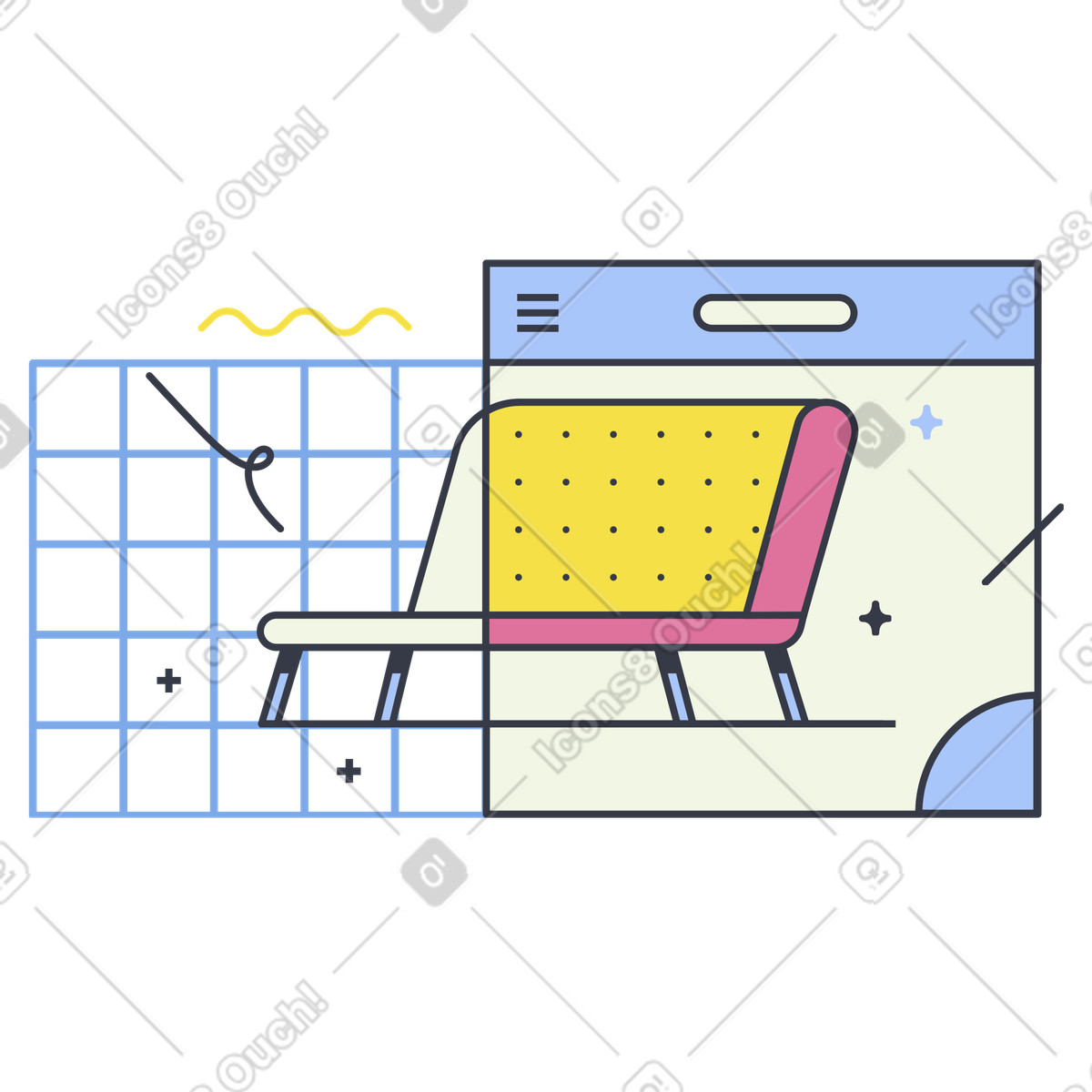 Illustration Un canapé transformé en maquette numérique, outil de design d'intérieur intelligent ar dans le style Abstract à télécharger aux formats PNG, SVG