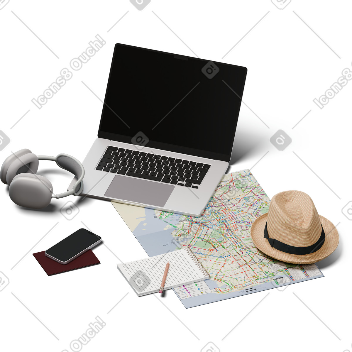 Isometric view of desk with laptop and travel map illustration in 3D Hygge style download in PNG, SVG