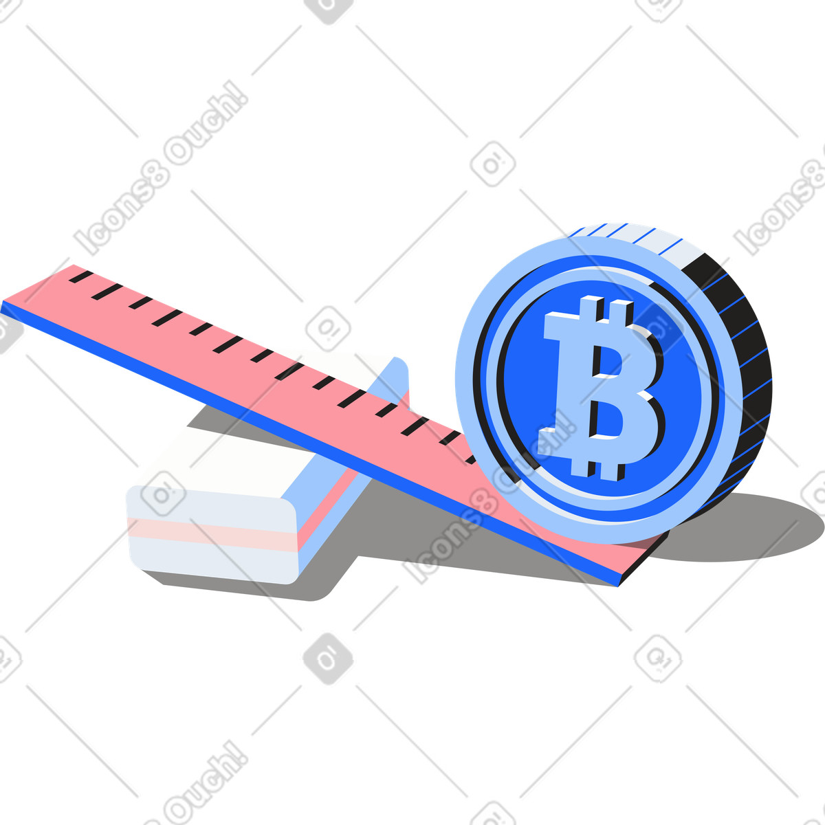 Ilustración Moneda bitcoin con regla y borrador en estilo Editorial a descargar en PNG SVG