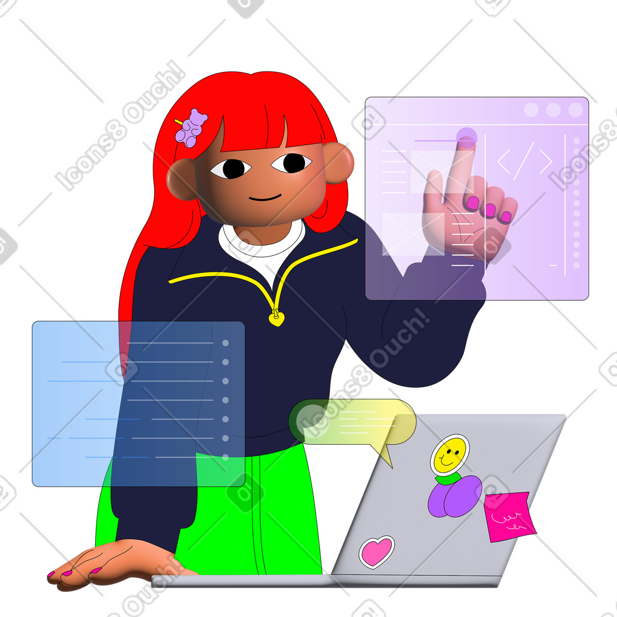 Female developer coding with laptop illustration in PNG, SVG