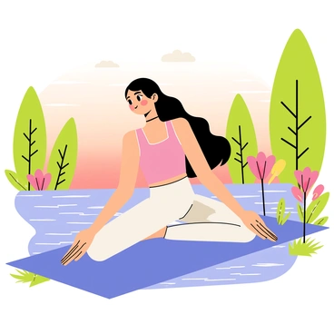 A young anime girl with long flowing black hair is practicing yoga on a blue mat at the edge of a tranquil lake. She is wearing a light pink tank top and white leggings. The scene is illuminated by the soft orange and pink hues of the sunrise reflecting off the water. Surrounding her are tall green trees and blooming flowers in various colors. Gentle ripples create patterns on the lake’s surface, while a few white fluffy clouds drift in the sky above.