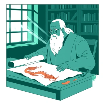 A teal wise scholar with a long white beard is seated at an ornate wooden desk in a dusty library filled with shelves of ancient books. The scholar is wearing round glasses and has a focused expression as he studies a large ancient scroll that is unfurled in front of him. The scroll features intricate dragon motifs in orange that wrap around the edges of the parchment. Dust particles are floating in the air, illuminated by a beam of light coming from a nearby window, casting a warm glow on the pages and the scholar's face.
