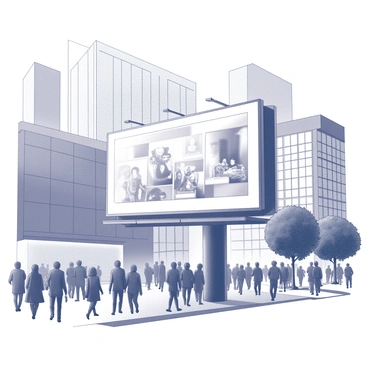 A large interactive billboard is positioned prominently in a bustling city environment. The billboard features a bright screen displaying various advertisements that change dynamically as people walk by. Crowds of pedestrians are visible, some stopping to engage with the ads while others continue on their way. The surrounding buildings have a modern architectural style, with glass facades reflecting the energy of the urban landscape. Nearby, there are trees lining the sidewalk, providing a contrast to the commercial atmosphere. The scene conveys a sense of movement and interaction between the billboard and the passersby.