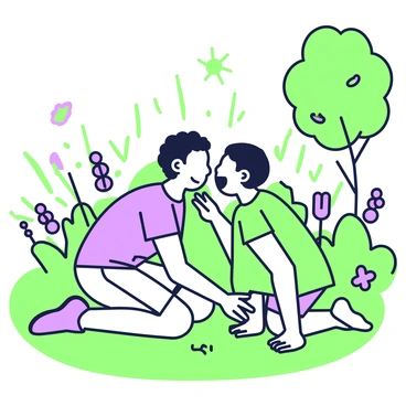 Two siblings are in a garden filled with vibrant greenery and blooming flowers. The older sibling, wearing a light-colored t-shirt and shorts, is kneeling on the grass, laughing with joy. The younger sibling, dressed in a bright dress, is standing beside them, giggling as they tickle each other. Sunlight filters through the leaves of nearby trees, casting playful shadows on the ground. There are colorful butterflies fluttering around, adding to the cheerful atmosphere of the scene.