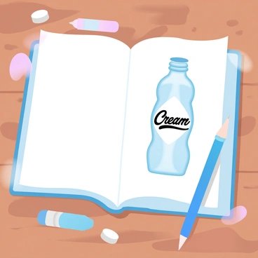 An open sketchbook is placed on a wooden table. On one of the pages, there is a detailed pencil drawing of a cream bottle with intricate shading and texture that showcases the curves and dimensions of the bottle. The cream bottle is centered on the page, standing upright with a label that includes "Cream" printed in elegant font. Surrounding the sketchbook, there are a few pencils and erasers scattered across the table, adding to the artistic atmosphere. A soft light falls on the scene, highlighting the drawing and the sketchbook's pages.