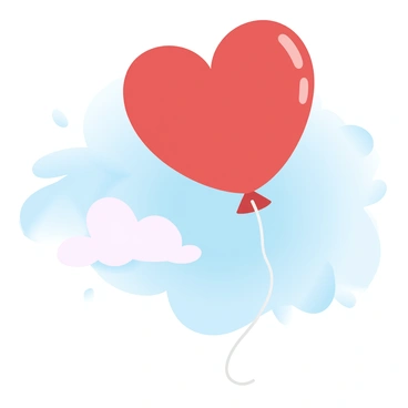 A "cute red heart-shaped balloon" is floating gently in a "clear blue sky". The balloon is tethered by a thin string, which dances lightly in the breeze. Below the balloon, there are a few fluffy white clouds, adding contrast to the vibrant blue of the sky. The scene emphasizes the bright red color of the balloon, which stands out beautifully against the azure background.