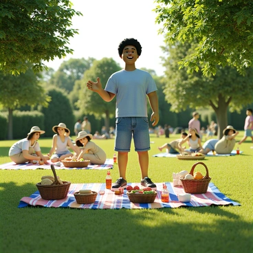 A welcoming host with light brown skin and curly hair is standing in a green park, smiling and gesturing towards a setup for a family reunion picnic. They are wearing a casual blue shirt and denim shorts. Around them, there are colorful blankets spread on the grass, and various picnic baskets filled with food items like sandwiches, fruits, and drinks. In the background, families are playing games like frisbee and sack races, creating a lively atmosphere filled with laughter and joy. The sun is shining brightly, adding warmth to the scene.