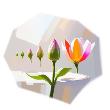 A time-lapse illustration depicting a single flower bud at the center of the composition. The illustration shows the progression of time, with several stages of the bud’s opening towards the viewer. The first stage features a tightly closed green bud, surrounded by delicate green leaves. As the illustration moves outward, the bud begins to unfurl, revealing soft petals in shades of pink and yellow. The final stage showcases the fully bloomed flower, vibrant and open, displaying a rich palette of colors. The background is softly blurred to emphasize the flower's transformation.