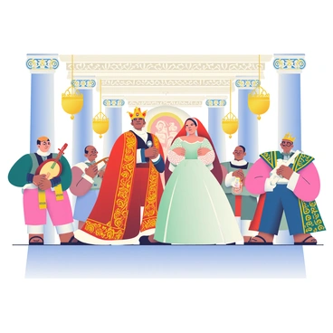 An opulent royal court is filled with kings and queens wearing traditional attire. The king has a majestic crown adorned with jewels, and his robe is richly embroidered in gold and deep red. The queen beside him is in an elegant gown that flows to the floor, decorated with intricate patterns and delicate lace sleeves. Musicians surround the couple, playing traditional instruments such as a lute and a flute. The court is adorned with lavish decorations, including golden chandeliers hanging from the ornate ceiling and rich tapestries depicting historical scenes on the walls. Elegant columns rise throughout the space, creating a grand atmosphere.