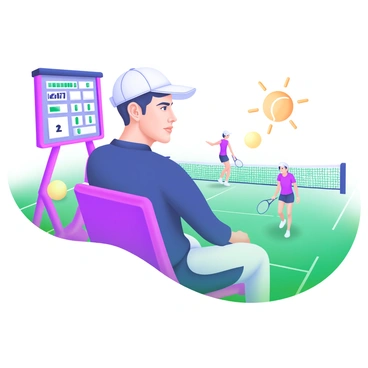 A tennis umpire sitting high in a chair, wearing a navy blue uniform and a white cap. The umpire has a focused expression on their face, with sharp eyes directed towards the court below. Surrounding the chair are tennis-related elements, such as a scoreboard displaying the current match score, a tennis ball on the ground, and players in the background, one preparing to serve and the other ready to receive. The scene captures the intensity of the match, with bright court lines and a sunlit atmosphere.