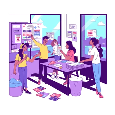 A group of five enthusiastic volunteers is gathered inside a campaign headquarters. Each volunteer is engaged in different tasks, with one person pinning colorful posters to a bulletin board, while another is organizing a stack of flyers on a nearby table. The walls are adorned with various campaign posters in vibrant colors, displaying slogans and images. There are also scattered flyers on the floor, adding to the busy atmosphere. A large window allows sunlight to stream in, illuminating the space filled with a sense of collaboration and energy.