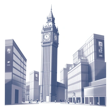 A towering clocktower rises prominently against the backdrop of a busy modern cityscape. The clocktower features a grand clock face positioned at the top, with detailed Roman numerals and ornate clock hands. Surrounding the clocktower, a mix of sleek office buildings and contemporary architecture fills the scene, with large glass windows reflecting the surrounding urban environment. People bustle about at street level, some walking while others engage in conversation. Banners and advertisements adorn the sides of nearby buildings, adding to the vibrant atmosphere of city life.