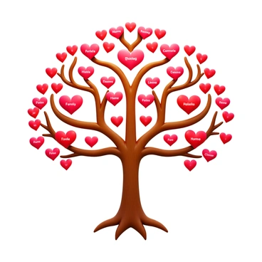 A family tree depicted with heart-shaped branches. Each branch is adorned with small hearts, representing love and connections among family members. The tree trunk is sturdy and textured, symbolizing strength and support. Names of family members are elegantly inscribed within the hearts along the branches. The roots of the tree spread wide, indicating deep familial ties. The overall design is vibrant and harmonious, showcasing the interconnectedness of family relationships.