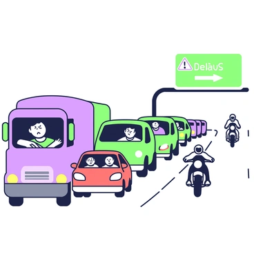 A busy highway is filled with cars in a long traffic jam. The vehicles are tightly packed together, some with their headlights on. In the foreground, a small red car has its driver visible through the window, showing a frustrated expression. A large blue truck is next to the car, with a driver who is leaning back in their seat, exhaling deeply. In the background, more cars are lined up, while a motorcycle is weaving through the traffic on the right side. Overhead, a highway sign displays an alert about delays.