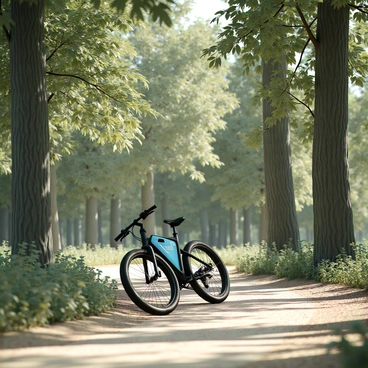 An electric bike, featuring a sleek design with a black frame and vibrant blue accents, is cruising along a winding forest path. The bike's tires are slightly dusty from the trail. Tall trees with lush green foliage rise on either side of the path, their trunks thick and textured. Sunlight filters through the branches, casting dappled light on the bike and path. The ground is covered in a mix of dirt and fallen leaves, creating a natural feel to the environment.