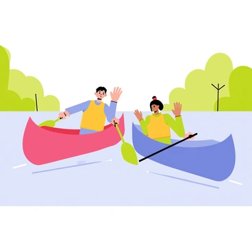 Two colorful canoes float on a calm river, one painted bright red and the other a vibrant blue. Each canoe has a paddler, one wearing a yellow life jacket and the other in a green one. The paddlers are smiling and waving at each other, their arms raised in greeting. Lush green trees line the riverbank, and the water is clear, reflecting the sunny sky above. Soft ripples surround the canoes as they glide past each other.