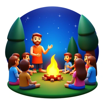A storyteller standing near a crackling campfire, gesturing animatedly as he narrates "the myth of Icarus" to an engaged audience. The audience is seated on the grass, captivated by the tale. Above them, a clear night sky filled with twinkling stars illuminates the scene. The storyteller has an expressive face, with shadows dancing across his features from the flickering flames. There are various ages among the audience, each person reflecting deep interest and curiosity. The surrounding environment includes trees softly swaying in the night breeze, adding a tranquil atmosphere.