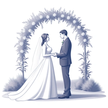 A bride and groom stand facing each other, with the bride dressed in a flowing wedding gown and the groom in a formal suit. They are positioned under an arch adorned with an assortment of flowers, including roses and greenery, creating a natural frame. The setting is an outdoor venue, with grass beneath their feet and hints of trees in the background, suggesting a tranquil atmosphere. Friends and family can be seen standing nearby, witnessing the ceremony. The groom holds the bride's hands as they prepare to exchange their vows, displaying emotion and commitment.
