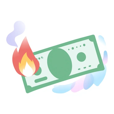 A single dollar bill is shown with one corner engulfed in flames. The flames are vivid and bright, contrasting against the green and white colors of the bill. The background consists of soft gradient pastel shades that emphasize the dollar bill. The remaining parts of the bill are crisp and clear, showcasing details like the serial number and design elements. The smoke billowing from the burning corner rises gently above the bill, creating a dynamic visual effect.