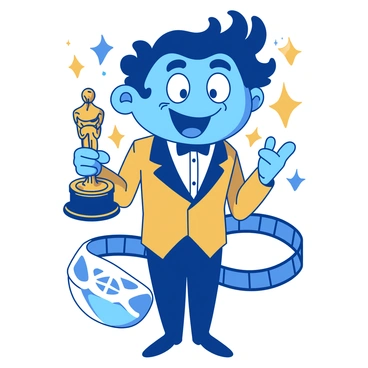 A blue whimsical character stands proudly, embodying the spirit of the Oscars. The character is wearing a shimmering gold tuxedo, complete with a bow tie and a pocket square. Its wide, expressive eyes sparkle with excitement, and it holds an oversized golden Oscar statuette in one hand. The character's hair is styled in a dramatic, elegant manner, adding to the glamorous appearance. Surrounding the character are glimmering stars and film reel motifs that enhance the cinematic theme. The background is subtly suggested to be a grand theater setting, emphasizing the character's connection to the film industry.