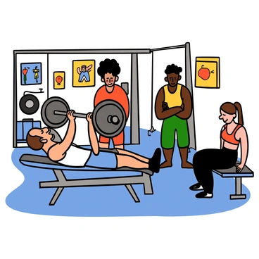 A vintage gym scene filled with athletes from the 1960s, showcasing a diverse group of individuals engaged in the bench press. In the foreground, a light-skinned man with short hair is lying on a bench, pushing a heavy barbell upwards, his muscles straining with effort. He is wearing a fitted white tank top and blue shorts. Behind him, a dark-skinned man with an afro is spotting him, looking focused and ready to assist. Beside them, a woman with brown hair in a ponytail is taking a break, sitting on a nearby bench, wearing a red sports bra and black leggings. The gym has retro-style equipment and posters on the walls, enhancing the nostalgic atmosphere of the scene.