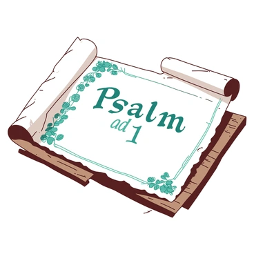A white parchment scroll is unrolled on a wooden table, displaying the text of "Psalm 1" in elegant calligraphy. The scroll is adorned with intricate borders featuring teal floral patterns and geometric shapes. The edges of the parchment are frayed, adding an antique touch. Soft light casts gentle shadows, enhancing the texture of the scroll and the detail of the decorative elements around the text.