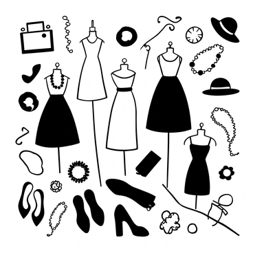 A black-and-white illustration featuring a variety of fashion elements. There are multiple dresses displayed on dress forms, showcasing different styles and designs. A collection of shoes, including heels and flats, is arranged at the bottom of the image. Accessories such as necklaces, bracelets, and hats are scattered artistically around the dresses and shoes. Each element is detailed to highlight textures and patterns, creating a dynamic composition.
