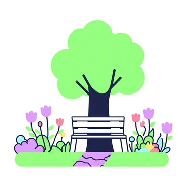 A garden filled with blooming flowers of various shapes and sizes is visible in the foreground. In the center, a small wooden bench is placed under a large tree with a thick trunk and expansive branches. The tree provides shade to the bench, creating a cozy seating area. Surrounding the bench, colorful flowers are arranged in neat clusters, adding vibrancy to the scene. A small pathway made of stone leads towards the bench, guiding the viewer's eye through the garden.