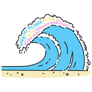 A wave made of flowing words in multiple languages, featuring letters in vibrant colors, is curling at the crest. The wave is about to wash over a sandy beach, with grains of sand visible at the shoreline. The background shows a clear blue sky, and a few scattered seashells are lying on the sand.